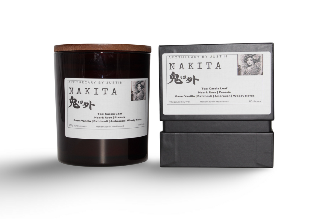 Prosperous scented candle in a dark glass jar with a wooden lid and elegant packaging from My Store