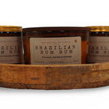 My Store pure fragrance candles in Coconut, Vanilla, and Orange scents beautifully arranged on a wooden tray