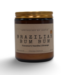 My Store Brazilian Bum Bum Candle with coconut, vanilla, and orange in a glass jar, pure fragrance candles