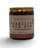 My Store Brazilian Bum Bum Candle with coconut, vanilla, and orange in a glass jar, pure fragrance candles