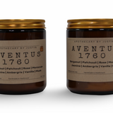 Aventus 1760 scented candles with free samples featuring bergamot, patchouli, and rose in amber jars