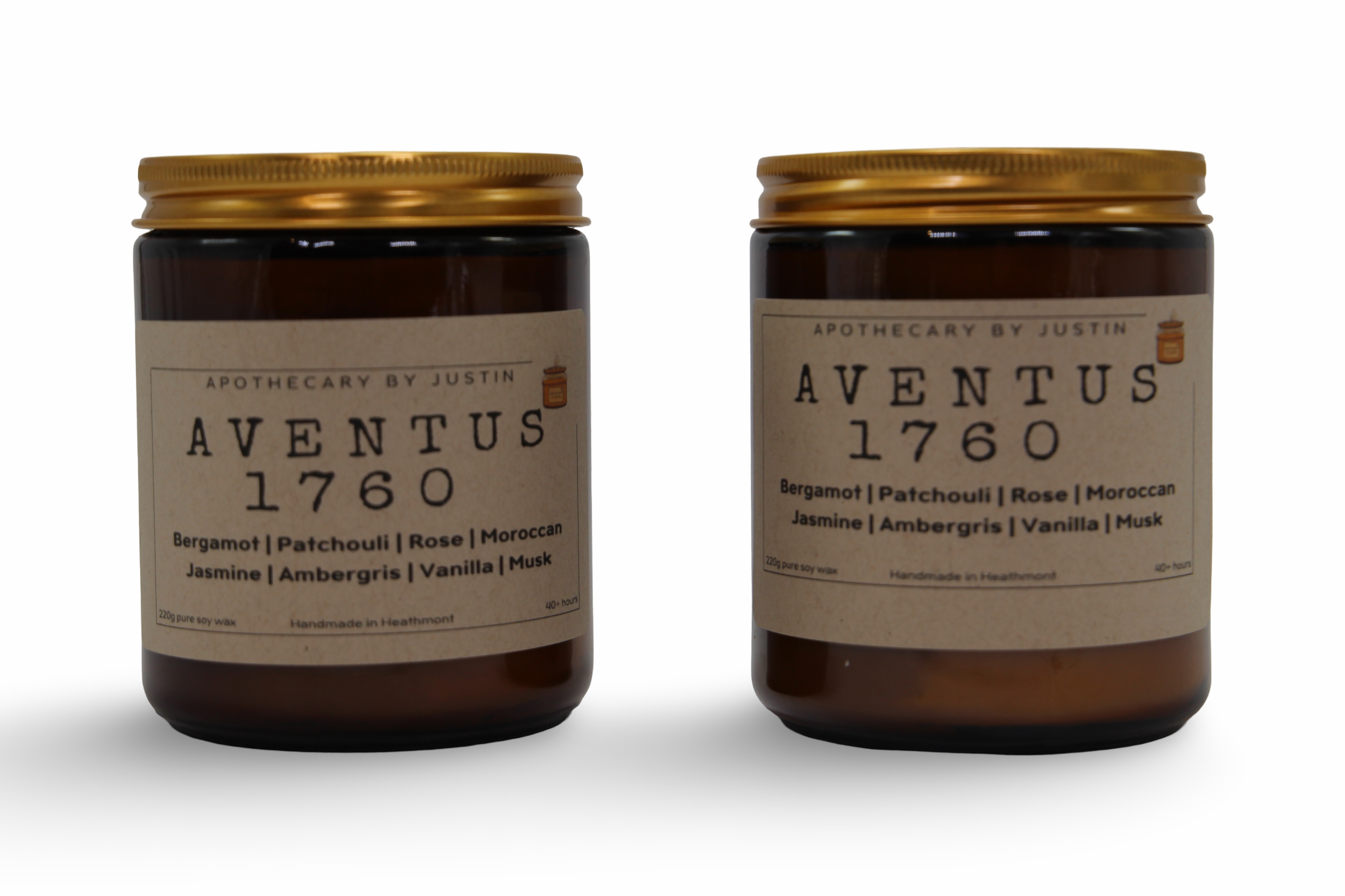 Aventus 1760 scented candles with free samples featuring bergamot, patchouli, and rose in amber jars