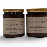 My Store scented candles with free samples in Bibliotheca fragrance featuring peach, plum, peony, and violet