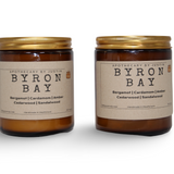 Byron Bay scented candles with free samples featuring bergamot, cardamom, amber, cedarwood, and sandalwood