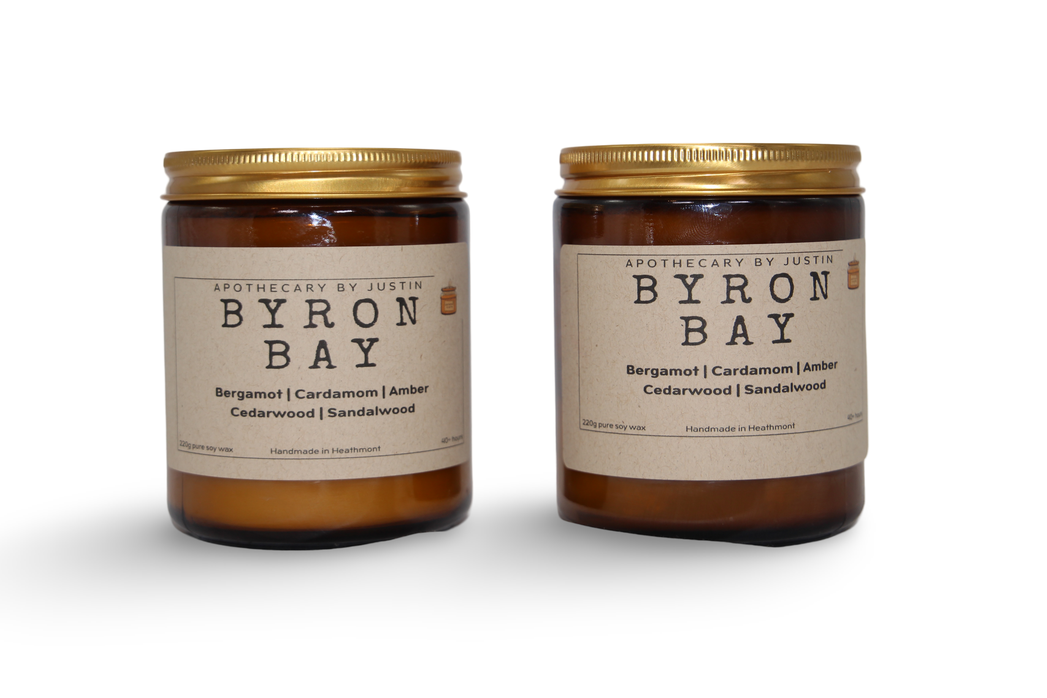 Byron Bay scented candles with free samples featuring bergamot, cardamom, amber, cedarwood, and sandalwood