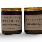 My Store Fahrenheit scented candles with free samples in amber jars featuring lavender and wood notes