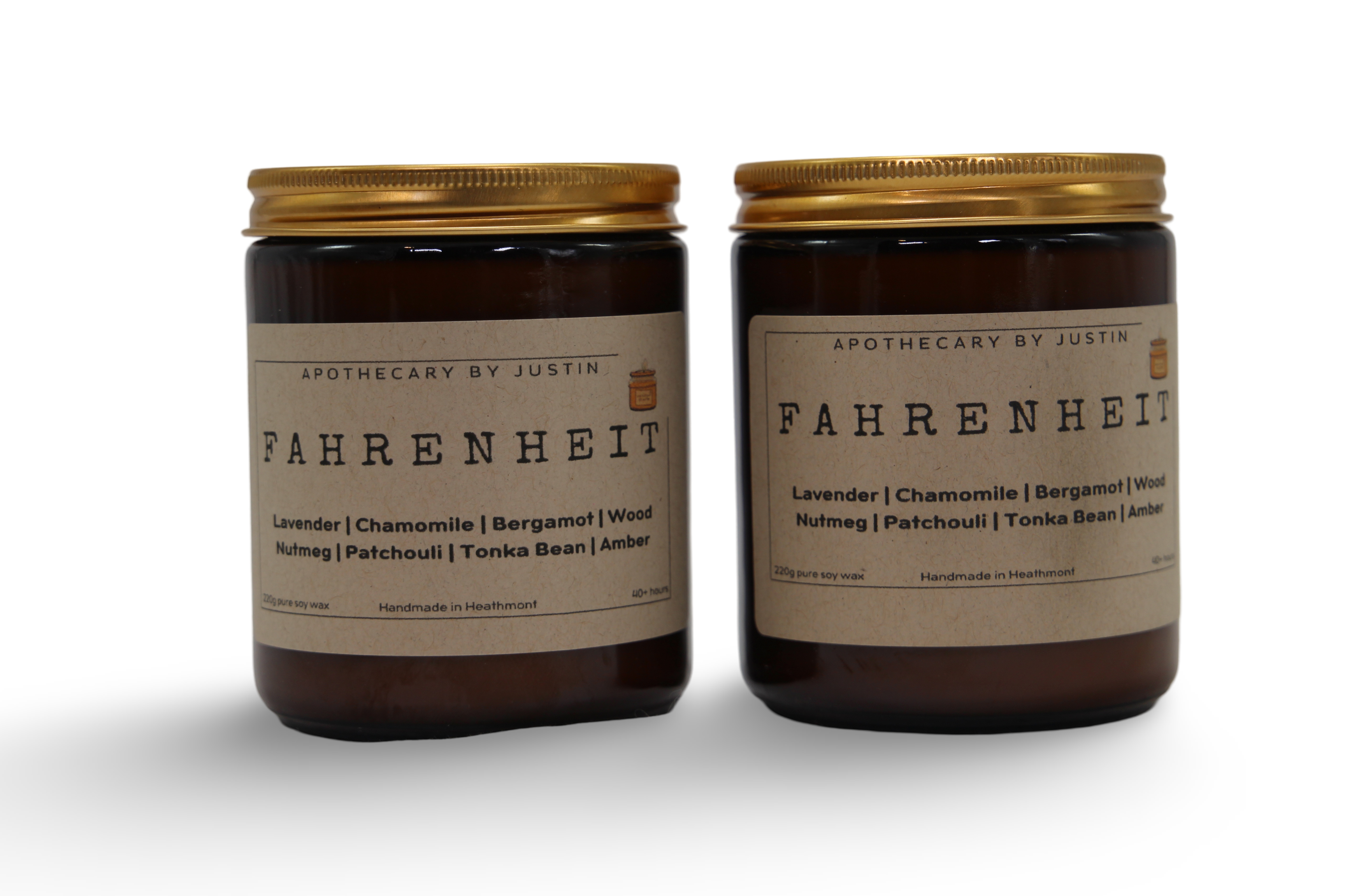 My Store Fahrenheit scented candles with free samples in amber jars featuring lavender and wood notes