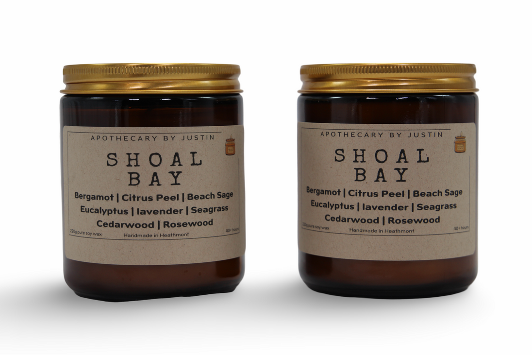 Shoal Bay aromatherapy candle in amber jar with natural fragrance blend for relaxation