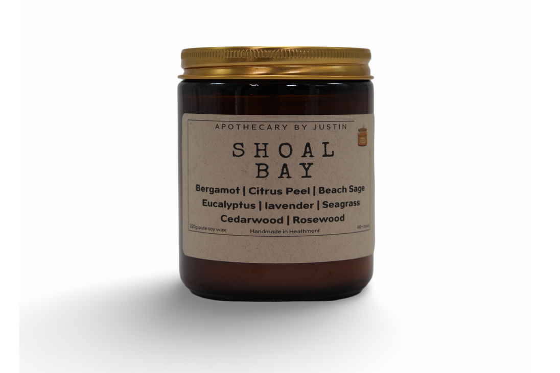 Shoal Bay aromatherapy candle in a brown jar featuring bergamot and lavender for relaxation