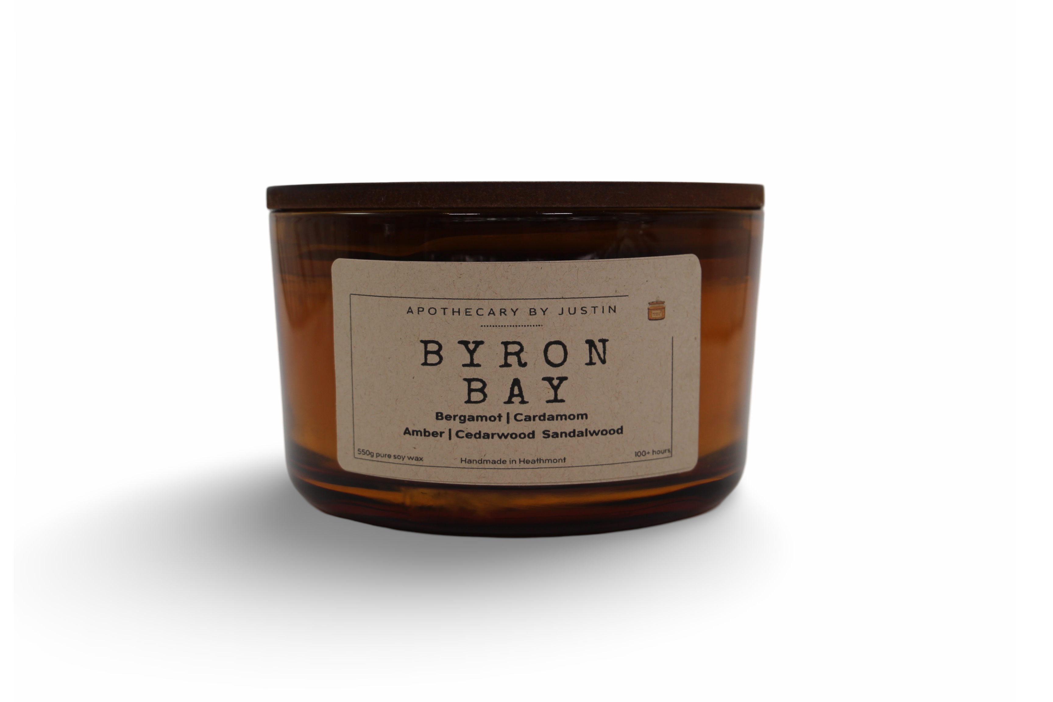 Byron Bay scented candle featuring bergamot, cardamom, and cedarwood for strong hot-throw candles