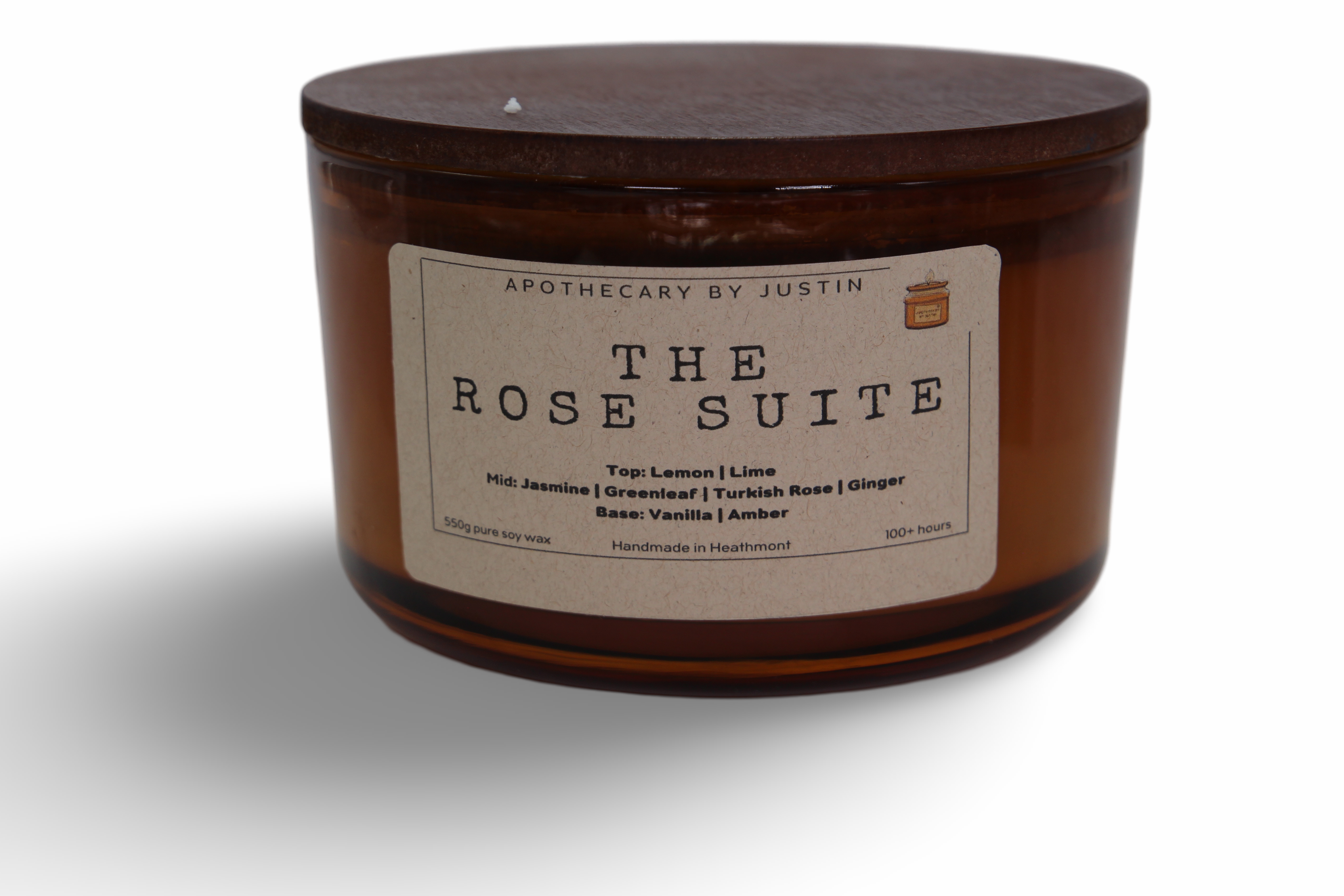 The Rose Suite Candle by Apothecary by Justin, a strong hot-throw candle with lemon, jasmine, and vanilla scents