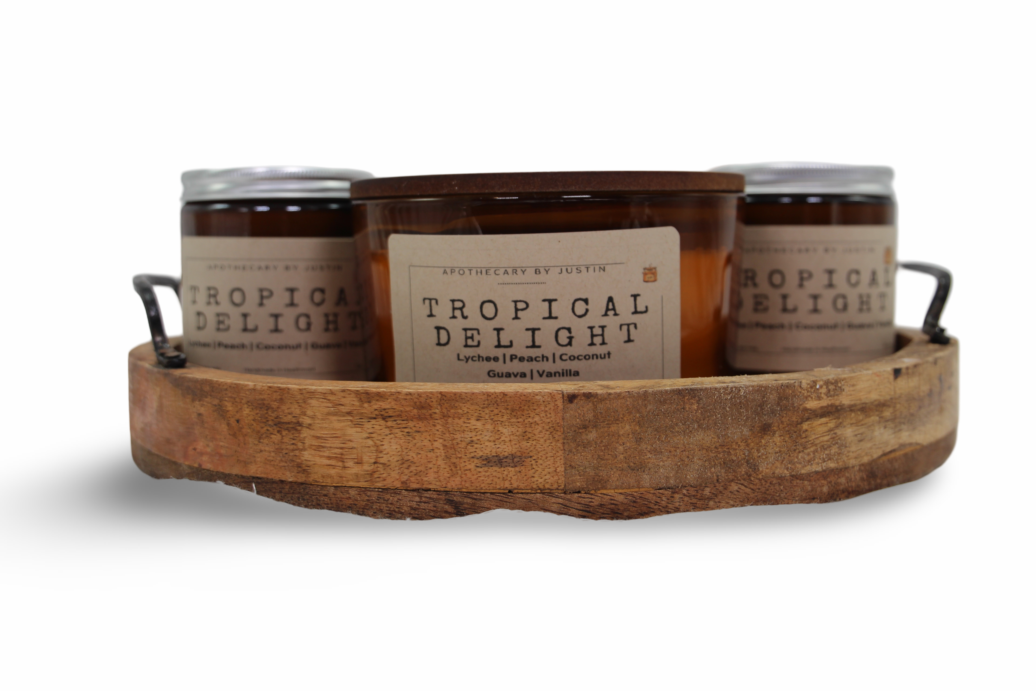 Strong hot-throw candles in Tropical Delight scent featuring lychee, peach, coconut, and vanilla
