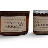 Strong hot-throw candles in Tropical Delight scent featuring lychee, peach, coconut, guava, and vanilla