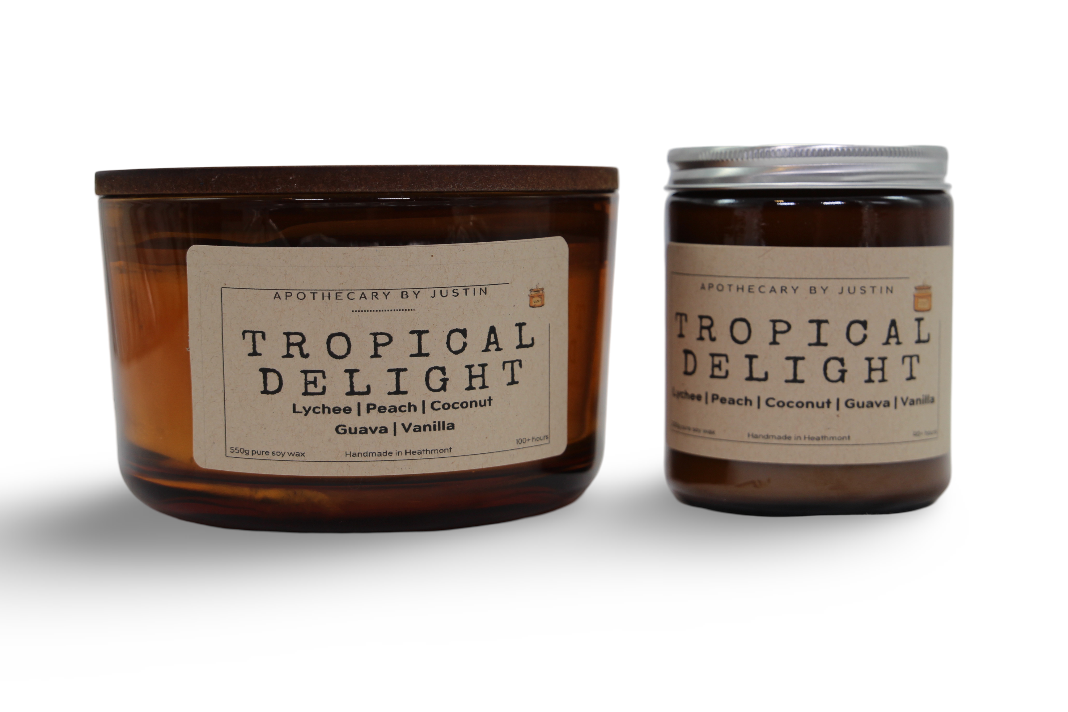 Strong hot-throw candles in Tropical Delight scent featuring lychee, peach, coconut, guava, and vanilla