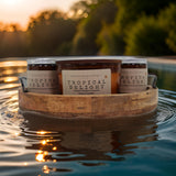 Tropical Delight strong hot-throw candles in a wooden tray, ideal for creating a relaxing atmosphere