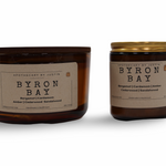 Byron Bay strong hot-throw candles in amber jars featuring bergamot and sandalwood scents
