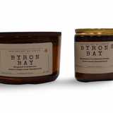 Byron Bay strong hot-throw candles in amber jars featuring bergamot and sandalwood scents