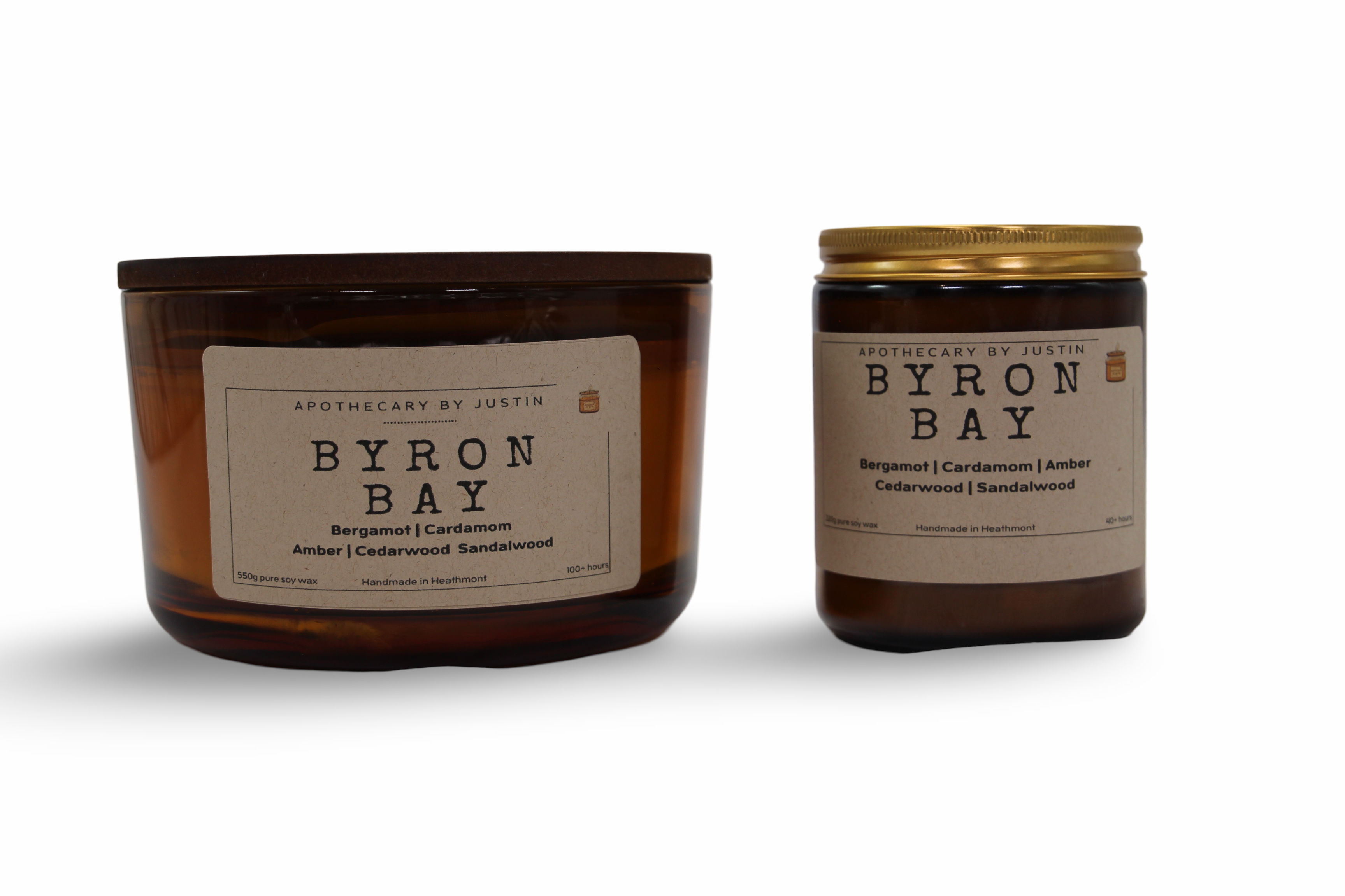 Byron Bay strong hot-throw candles in amber jars featuring bergamot and sandalwood scents