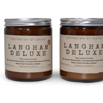 Set of two Langham Deluxe scented candles with strong hot-throw woodsy candle fragrance in amber jars