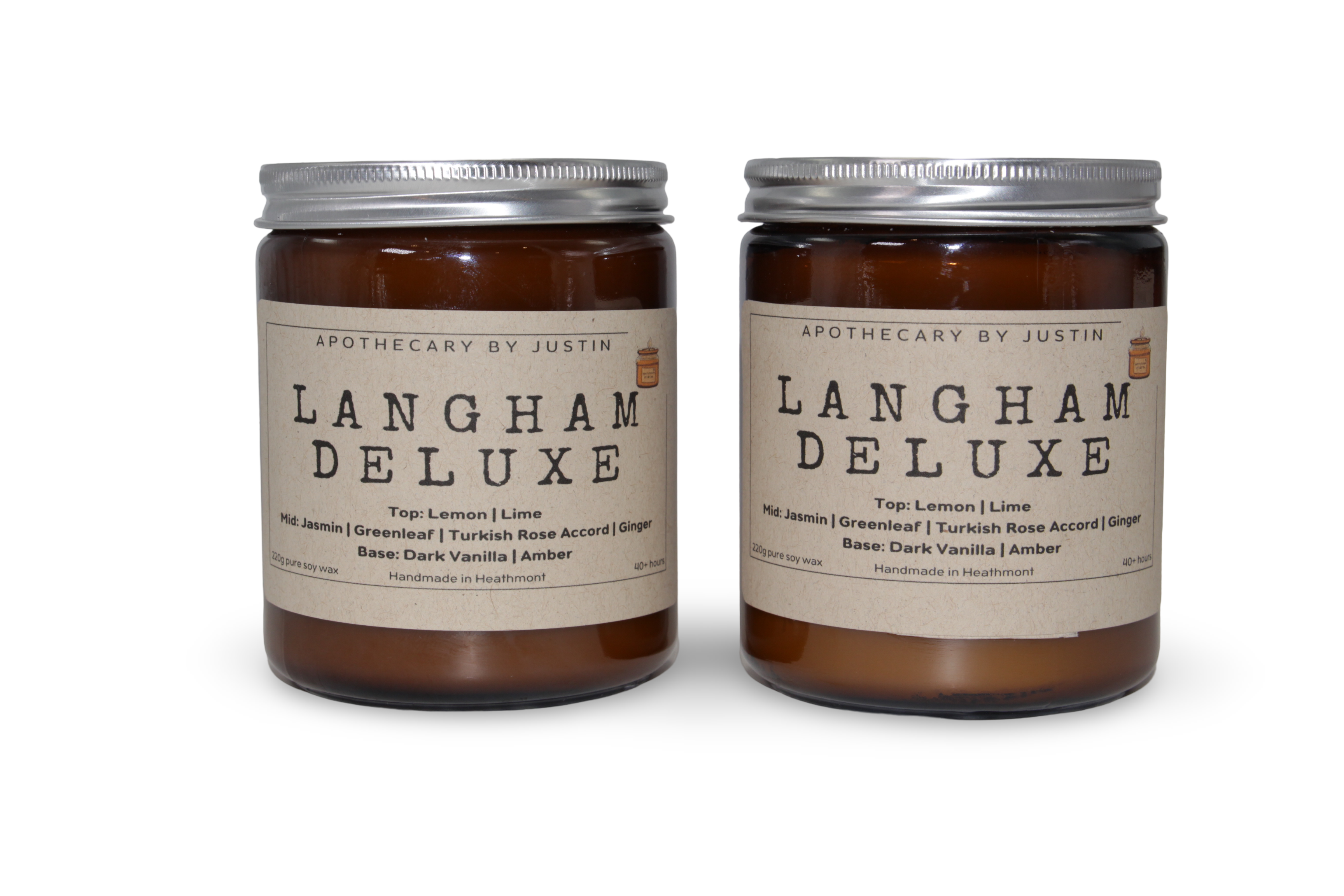 Set of two Langham Deluxe scented candles with strong hot-throw woodsy candle fragrance in amber jars