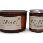 Langham Deluxe strong hot-throw woodsy candle in amber glass jars with wooden lids for relaxation