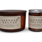 Langham Deluxe strong hot-throw woodsy candle in amber glass jars with wooden lids for relaxation