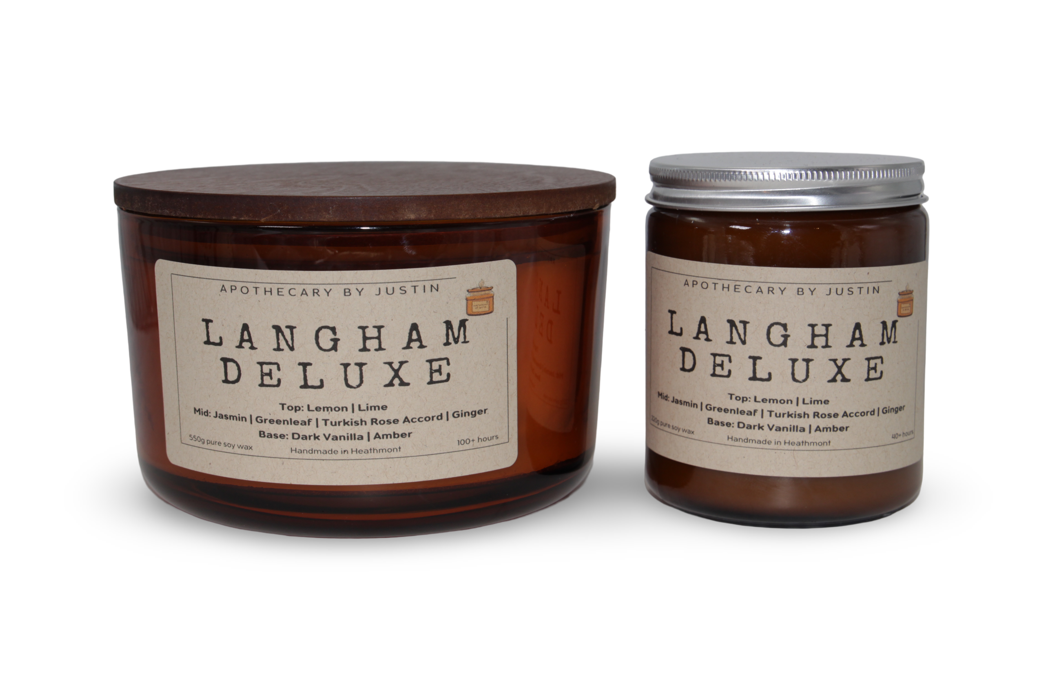 Langham Deluxe strong hot-throw woodsy candle in amber glass jars with wooden lids for relaxation