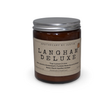 Langham Deluxe candle in a brown jar with a strong hot-throw woodsy candle scent