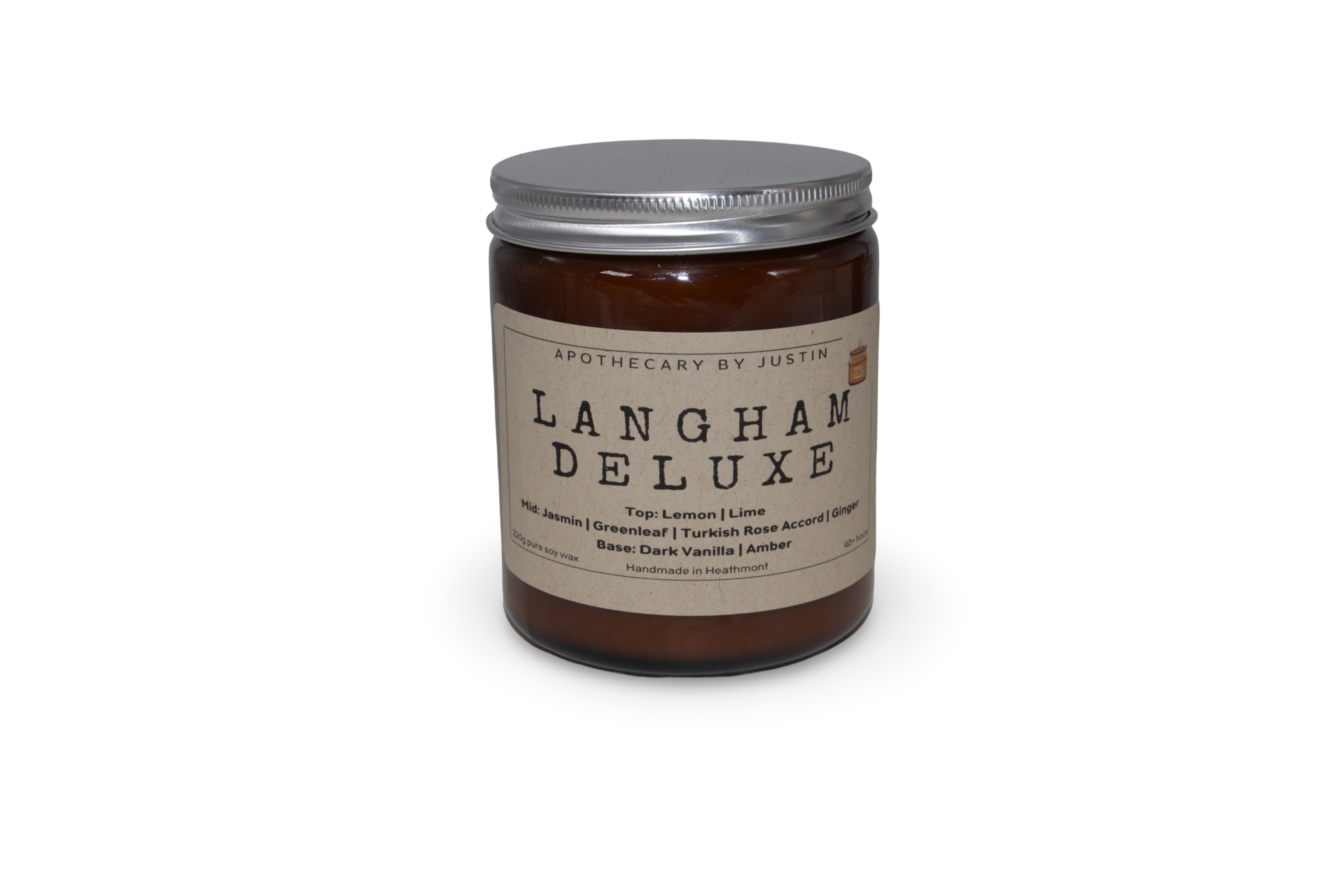 Langham Deluxe candle in a brown jar with a strong hot-throw woodsy candle scent