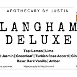 My Store strong hot-throw woodsy candle in Langham Deluxe scent with lemon, lime, and jasmine notes