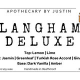 My Store strong hot-throw woodsy candle in Langham Deluxe scent with lemon, lime, and jasmine notes
