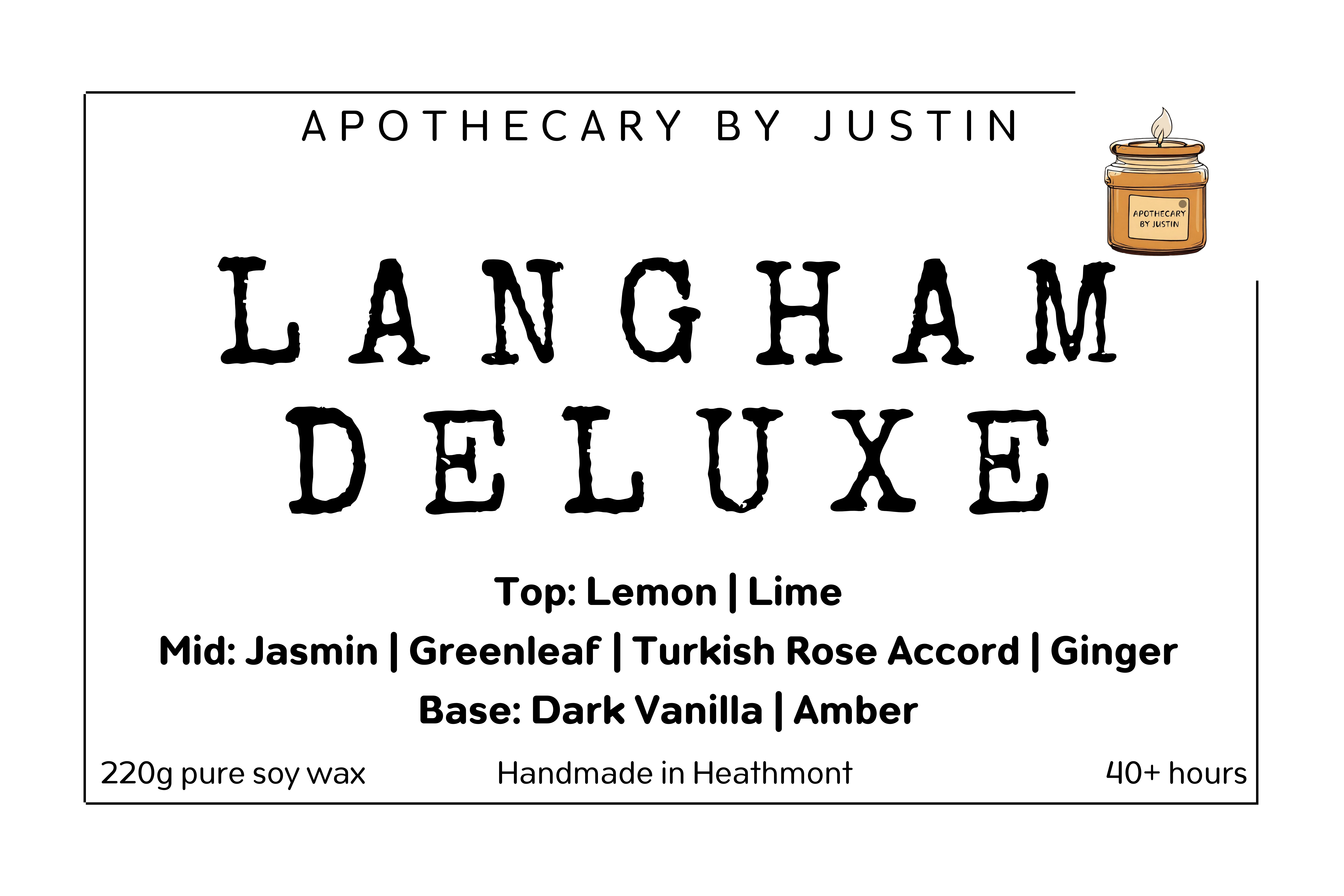 My Store strong hot-throw woodsy candle in Langham Deluxe scent with lemon, lime, and jasmine notes