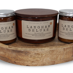 My Store strong hot-throw woodsy candle set displayed on a rustic wooden tray
