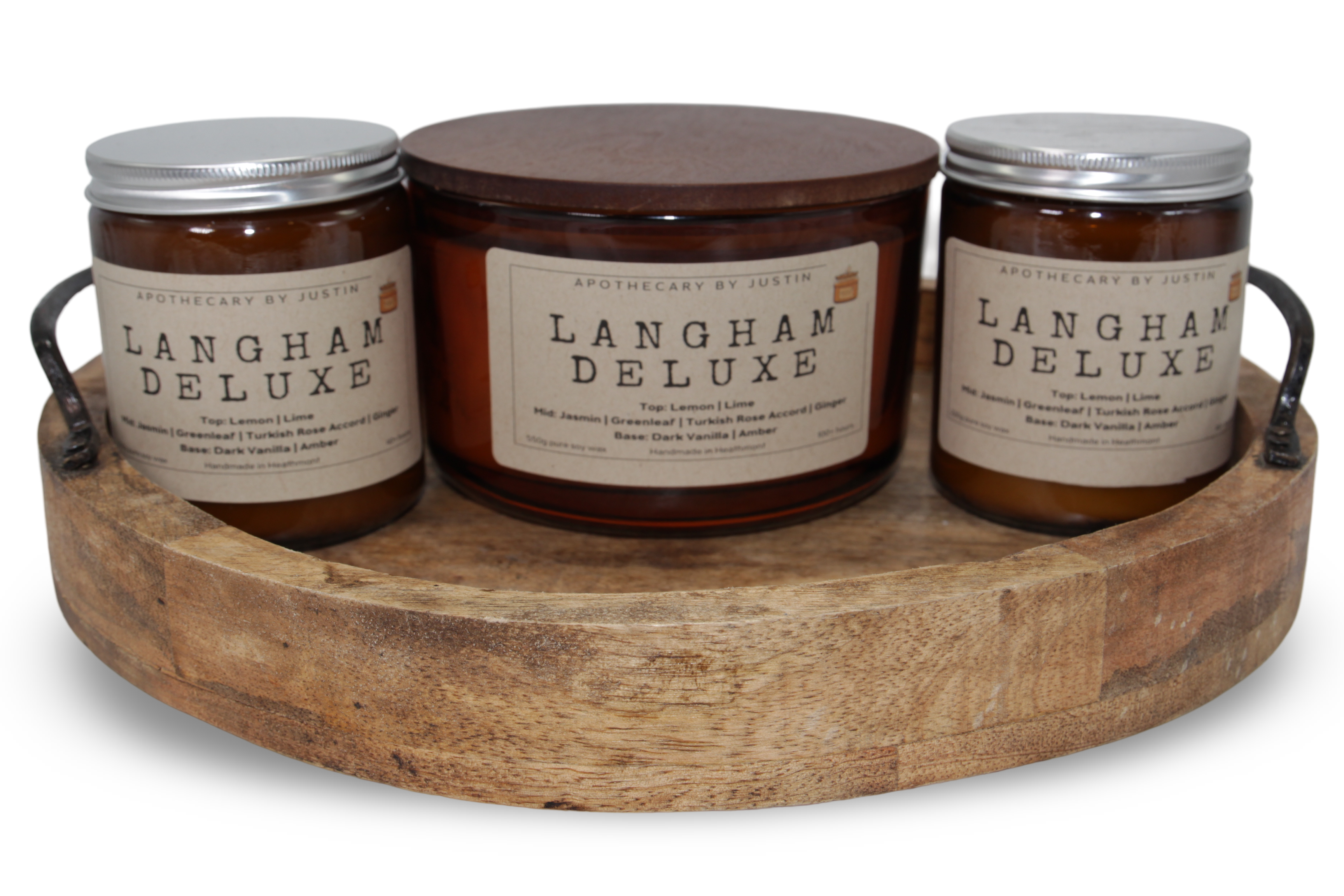 My Store strong hot-throw woodsy candle set displayed on a rustic wooden tray