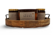 Set of unique home fragrance candles in Jelly Beans scent displayed in a rustic wooden tray