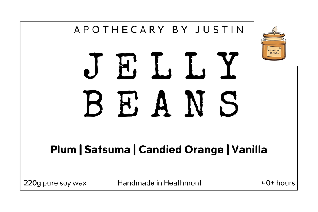 Unique home fragrance candles in Jelly Beans scent with plum, satsuma, candied orange, and vanilla