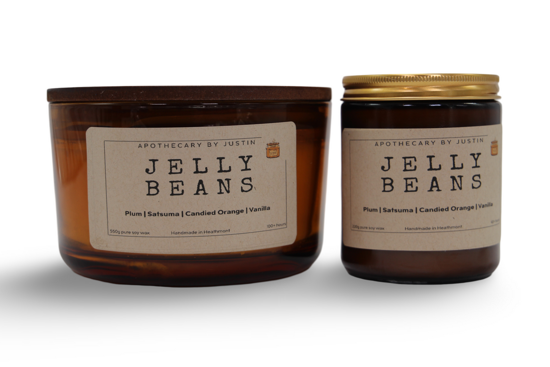 My Store unique home fragrance candles in Jelly Beans scent featuring plum, satsuma, candied orange, and vanilla