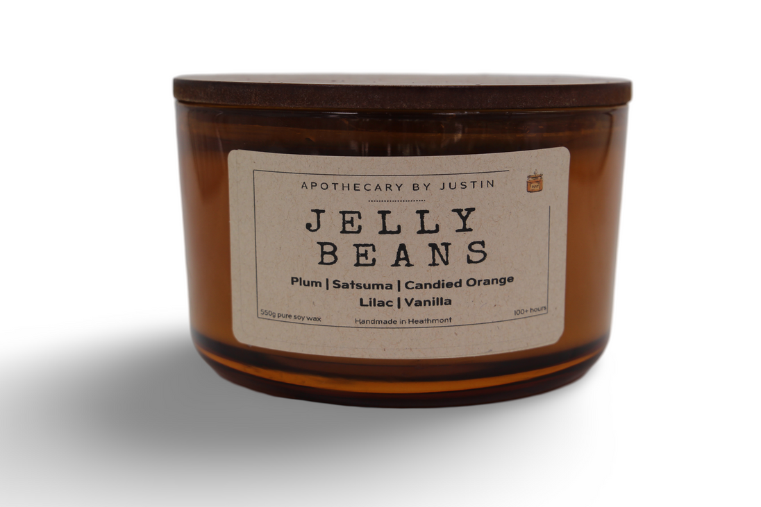 Jelly Beans Unique Home Fragrance Candles in Amber Jar with Plum, Satsuma, and Vanilla Scents