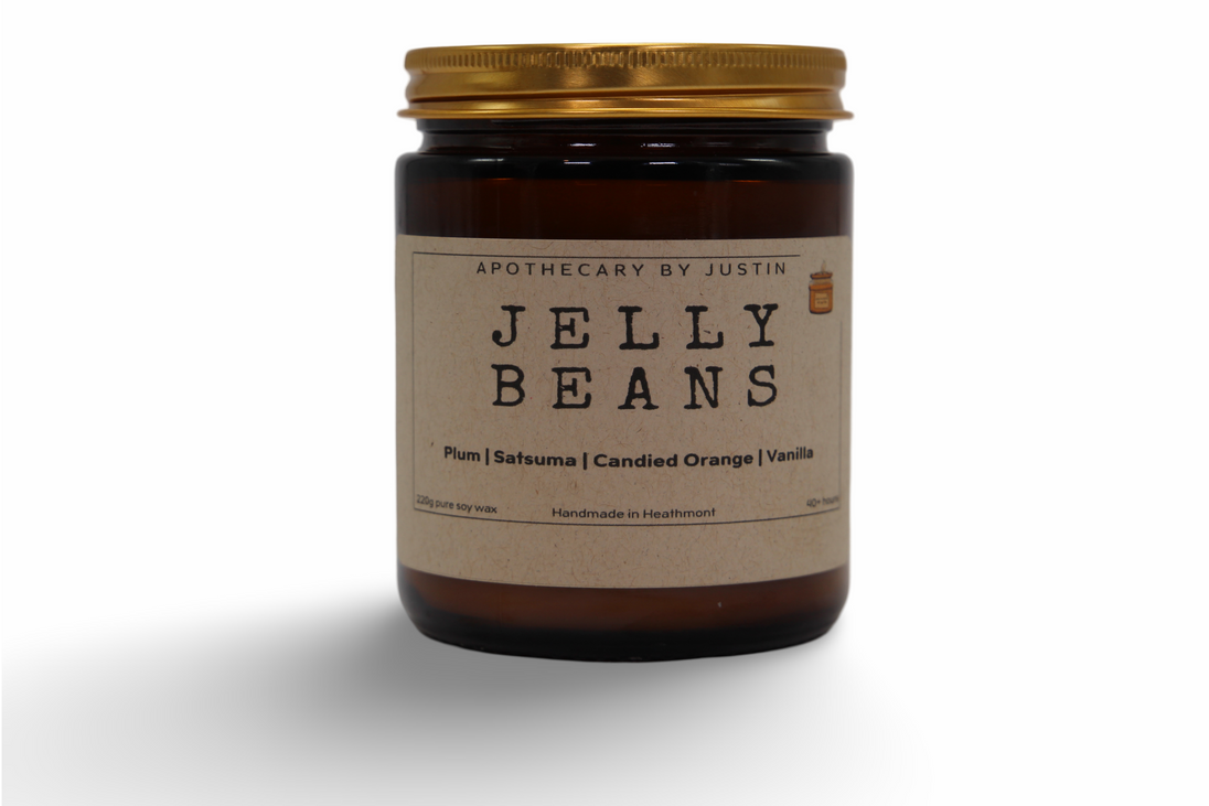 My Store unique home fragrance candles in Jelly Beans scent with plum, satsuma, and vanilla notes