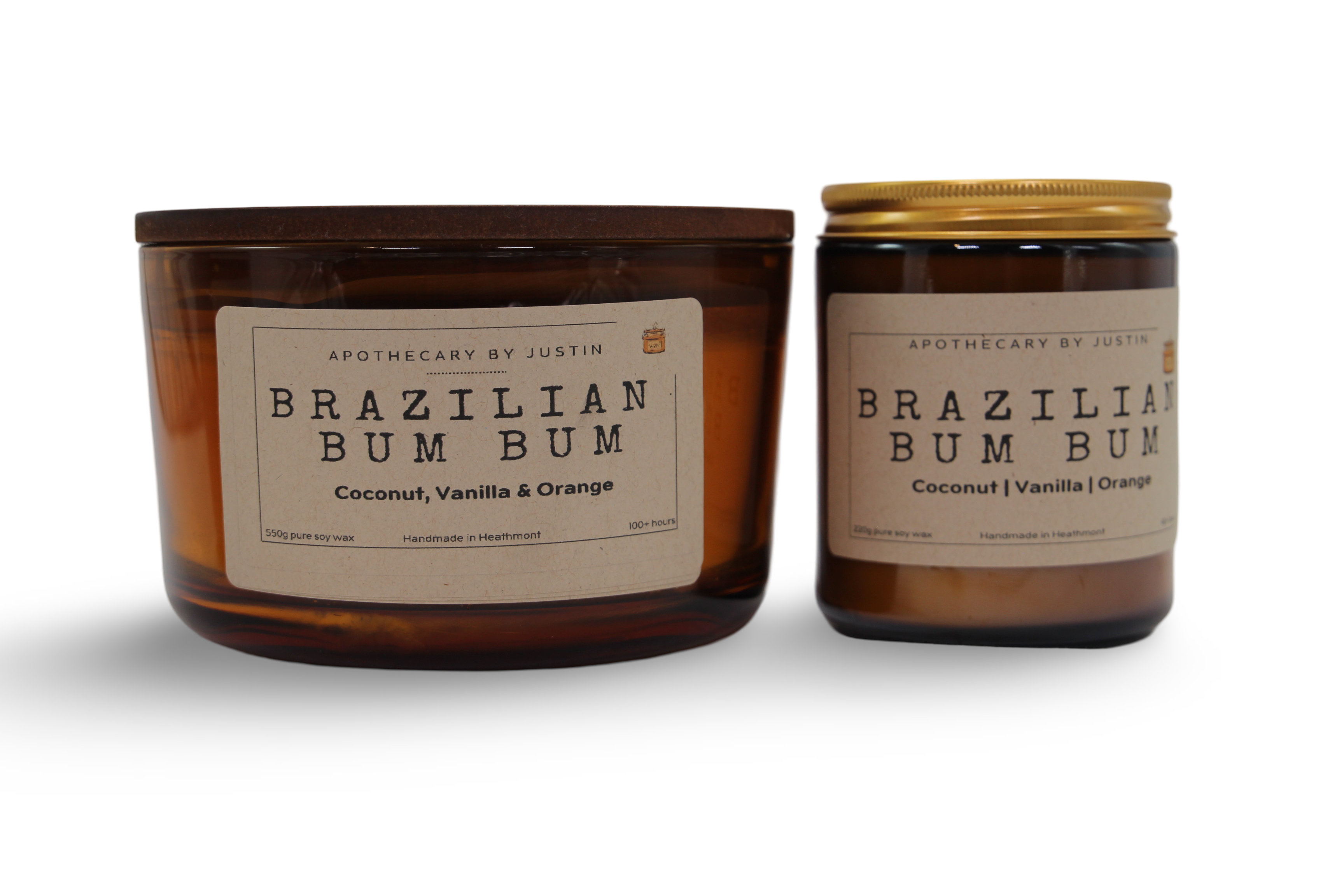 Vegan soy candle gift pack featuring Brazilian Bum Bum scent with coconut, vanilla, and orange notes