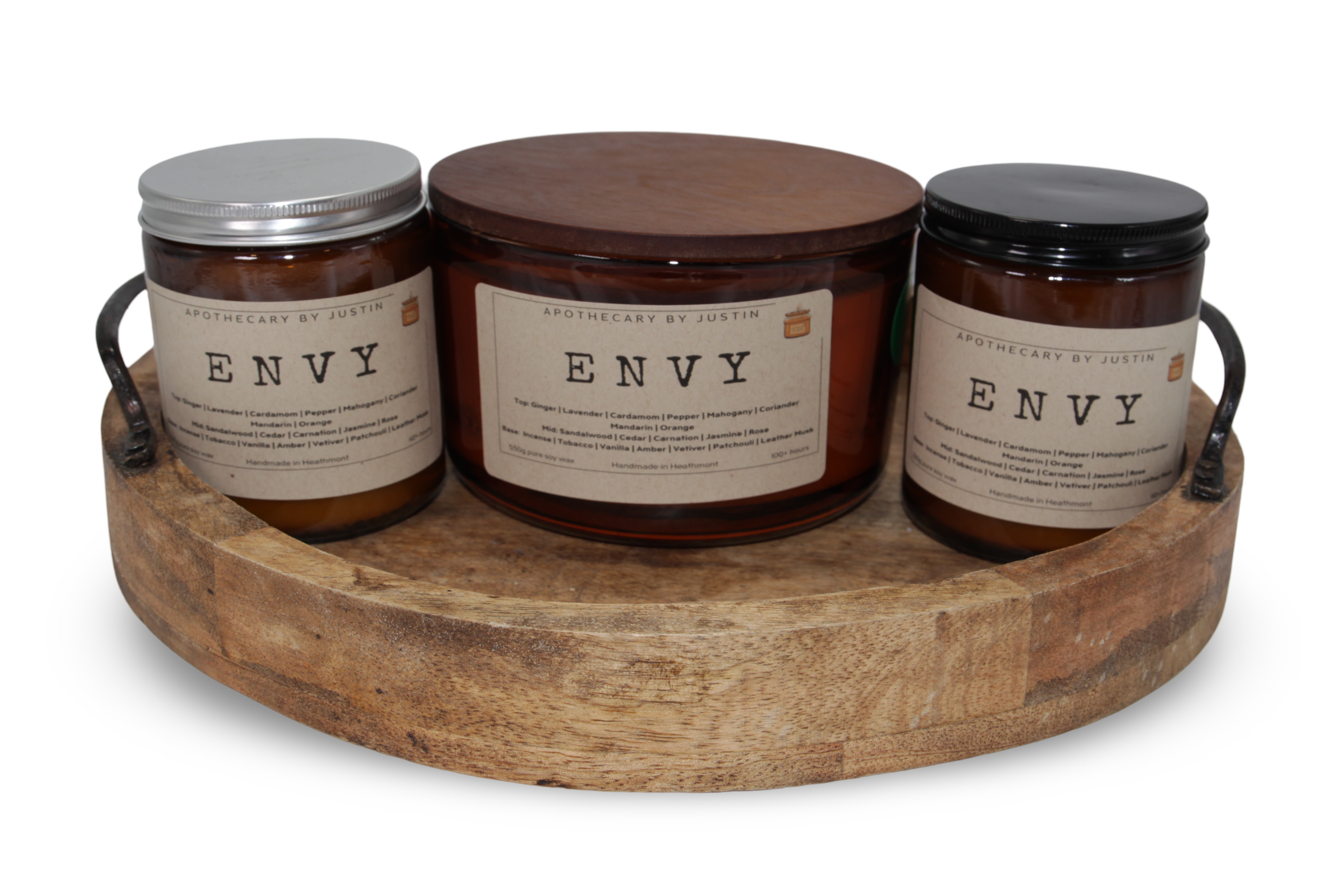 Vegan soy candles hand-poured displayed on a wooden tray, labeled 'Envy' from My Store