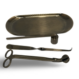 Candle care essentials Australia toolset including a tray, wick trimmer, and snuffer for optimal candle maintenance