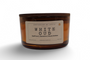 Strong hot-throw amber candle in a glass container with a wooden lid and aroma notes of saffron and jasmine