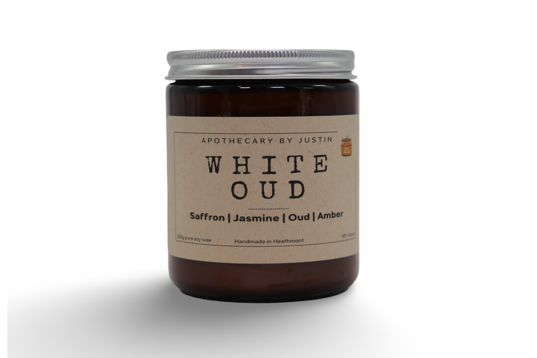 My Store strong hot-throw amber candle in a glass jar with a stylish label and lid