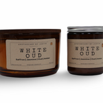 Strong hot-throw amber candle duo featuring White Oud scent with jasmine and saffron notes