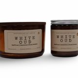 Strong hot-throw amber candle duo featuring White Oud scent with jasmine and saffron notes
